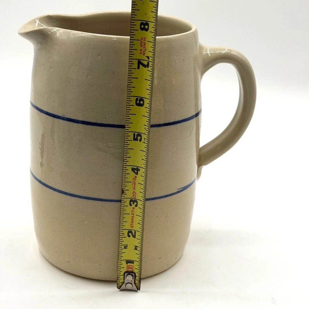 Marshall Pottery Stoneware Pitcher Tan Cobalt Blue Bands Signed Texas 7.5 Inch